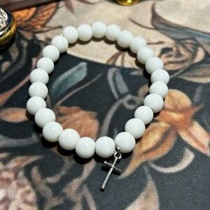 White Beaded Bracelet with Cross Charm